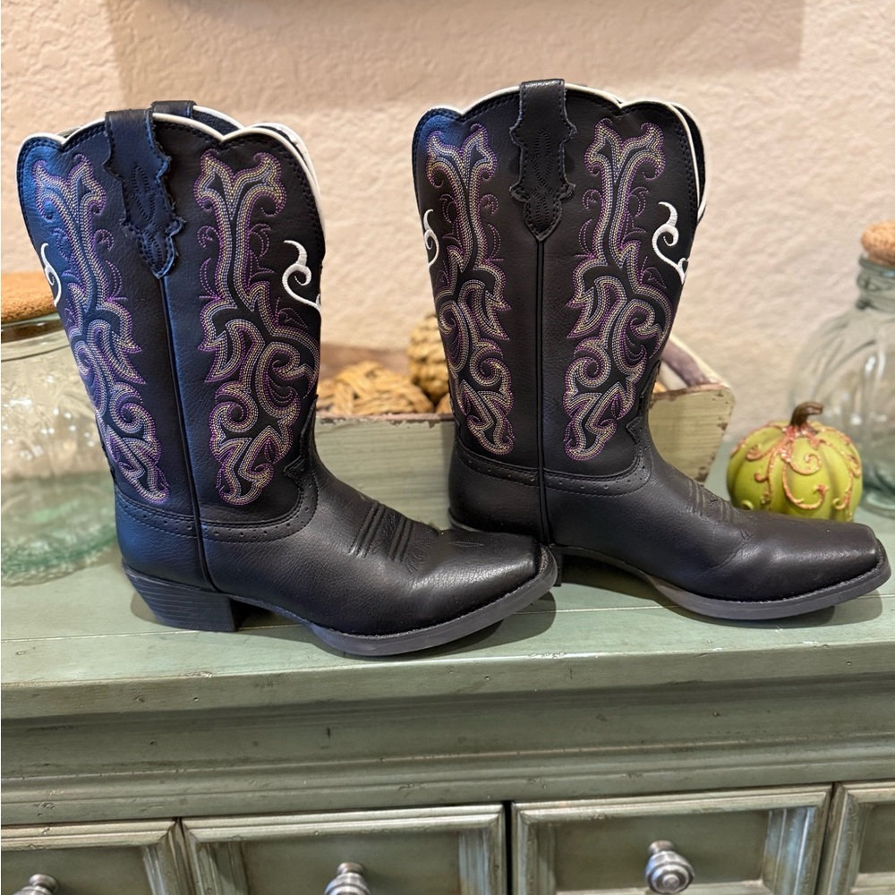 Justin Stampede Youth Girl Boots 2554JR Black Purple with White Stitching